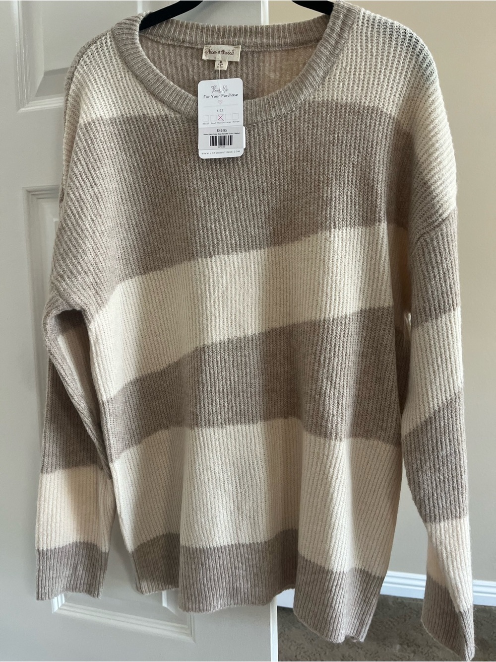 Hem & Thread Cream and Beige Striped Crewneck Sweater